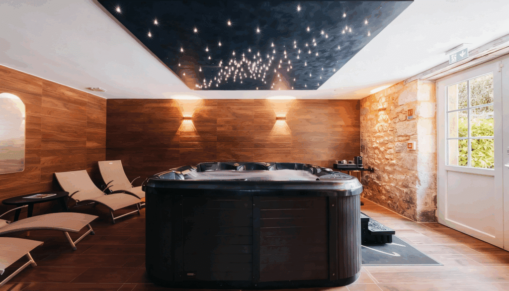 Espace spa intérieur avec jacuzzi et transats dans une ambiance chaleureuse, bois et pierre, éclairage tamisé et ciel étoilé au plafond