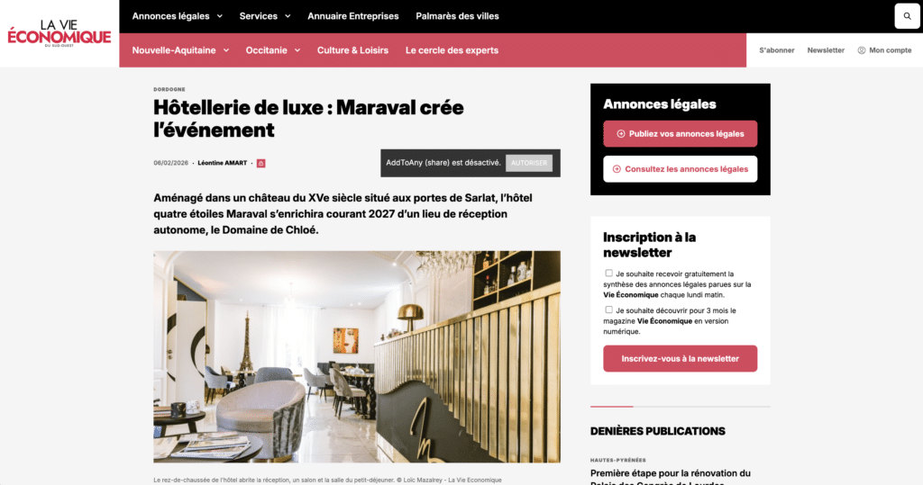Articles de blog du Magasine La Vie Economique du Sud Ouest sur le Château de Maraval
