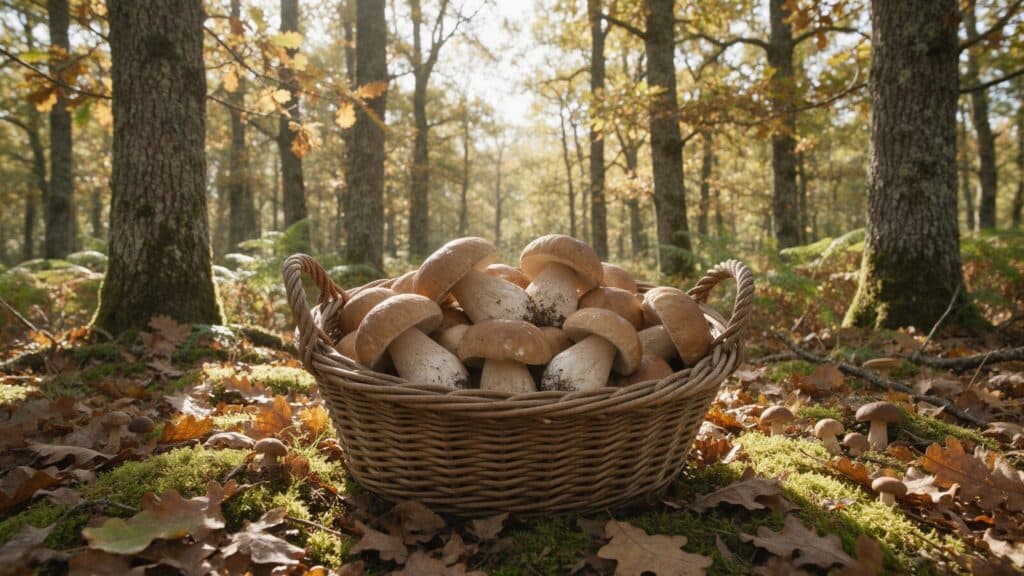 Cèpes Dordogne : panier en osier rempli de cèpes frais sur la mousse d'une forêt de chênes et de châtaigniers en automne, en Périgord noir