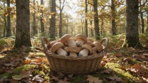 Cèpes Dordogne : panier en osier rempli de cèpes frais sur la mousse d'une forêt de chênes et de châtaigniers en automne, en Périgord noir