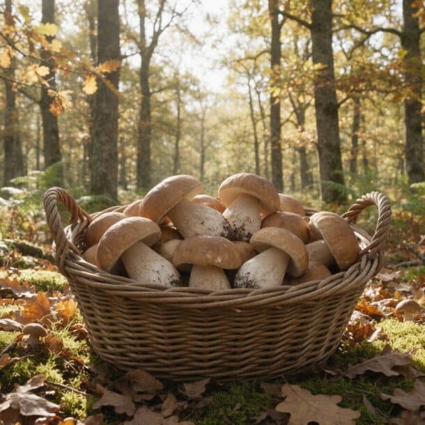 Cèpes Dordogne : panier en osier rempli de cèpes frais sur la mousse d'une forêt de chênes et de châtaigniers en automne, en Périgord noir