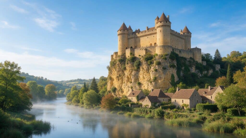 Château fort perché sur sa falaise au-dessus de la Dordogne en automne, évoquant le château de Beynac en Périgord noir