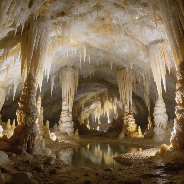 Gouffre de Proumeyssac : vaste cavité souterraine aux concrétions scintillantes, évoquant la cathédrale de cristal du Périgord noir