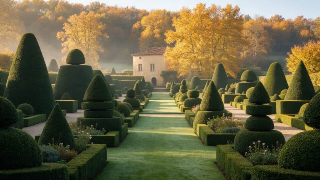 Jardins d'Eyrignac en automne : allées de topiaires d'ifs et de buis devant un manoir en pierre blonde du Périgord noir