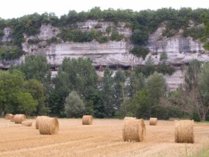 La falaise calcaire de la Roque Saint-Christophe et ses terrasses troglodytiques au-dessus de la vallée de la Vézère