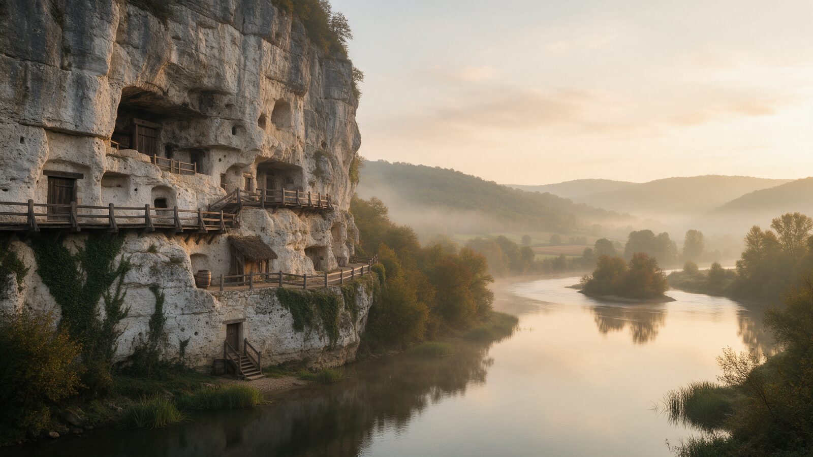 La Roque Saint-Christophe: acantilado calizo con refugios trogloditas sobre el valle del Vézère en otoño, Perigord Negro