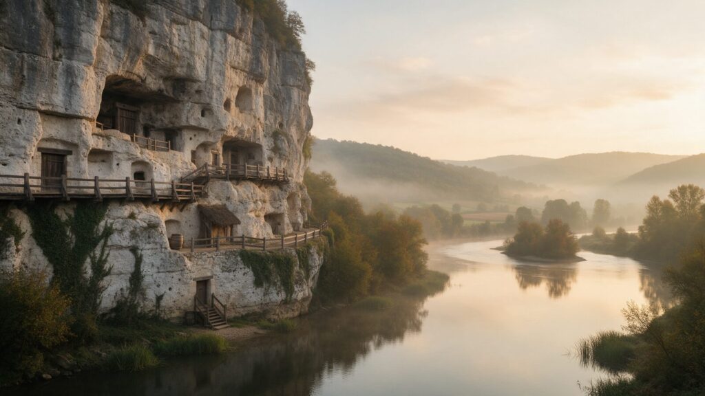 La Roque Saint-Christophe : falaise calcaire et abris troglodytiques dominant la vallée de la Vézère en automne, Périgord noir