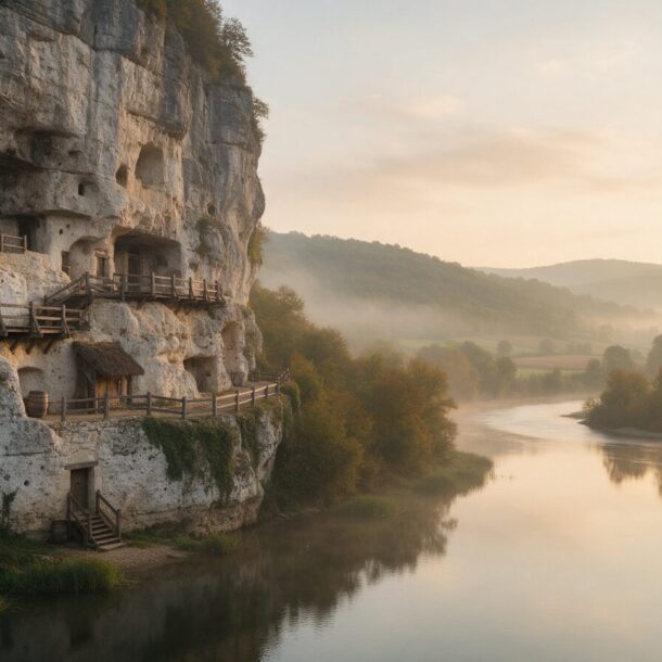 La Roque Saint-Christophe: limestone cliff and troglodyte shelters overlooking the Vézère valley in autumn, Périgord Noir